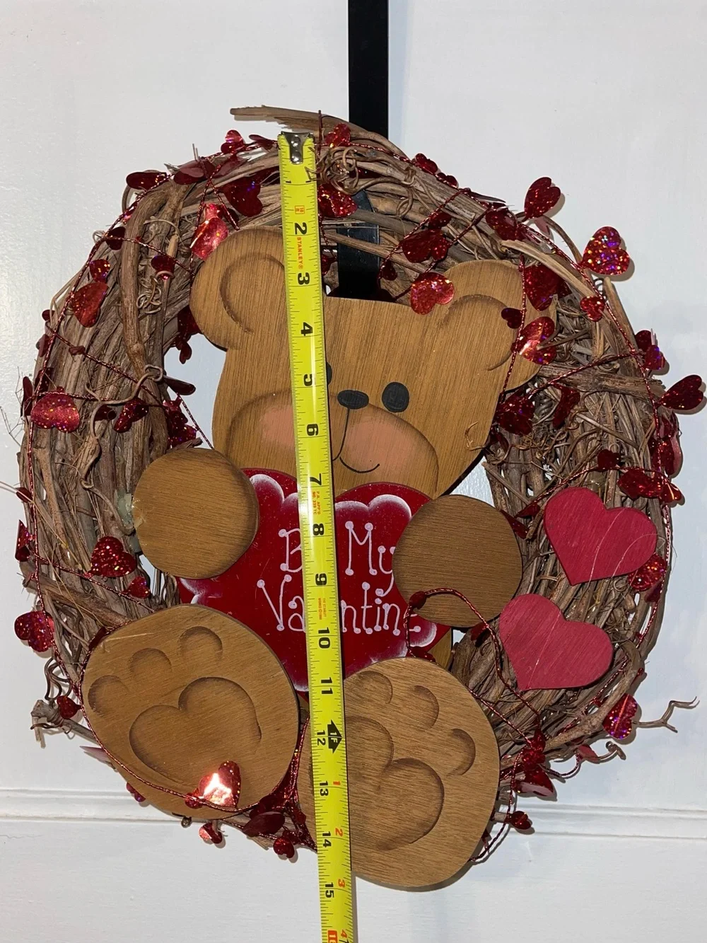 Valentine Bear 14 Inch Grapevine Wreath with Red Hearts